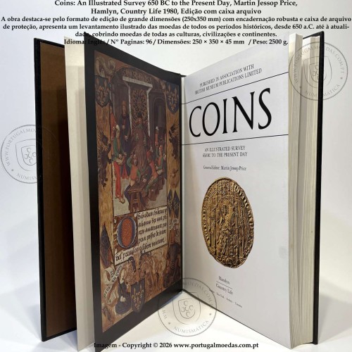 Coins: An Illustrated Survey 650 BC to the Present Day, Martin Jessop Price, Hamlyn, Country Life 1980, Edição com caixa arquivo