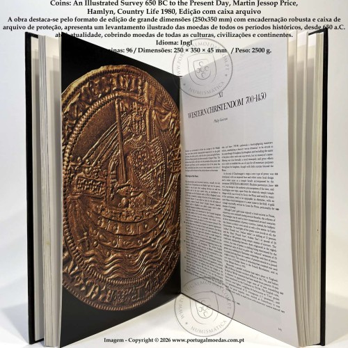 Coins: An Illustrated Survey 650 BC to the Present Day, Martin Jessop Price, Hamlyn, Country Life 1980, Edição com caixa arquivo