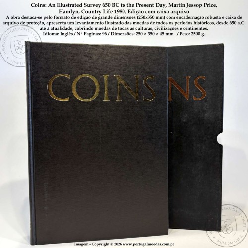 Coins: An Illustrated Survey 650 BC to the Present Day, Martin Jessop Price, Hamlyn, Country Life 1980, Edição com caixa arquivo