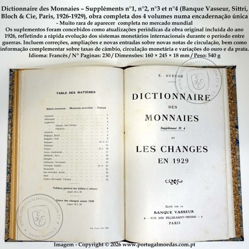 Dictionnaire des Monnaies – Obra completa, n°1 a n°4 (Banque Vasseur, Paris, 1926-1929), encadernados, Muito Raro6