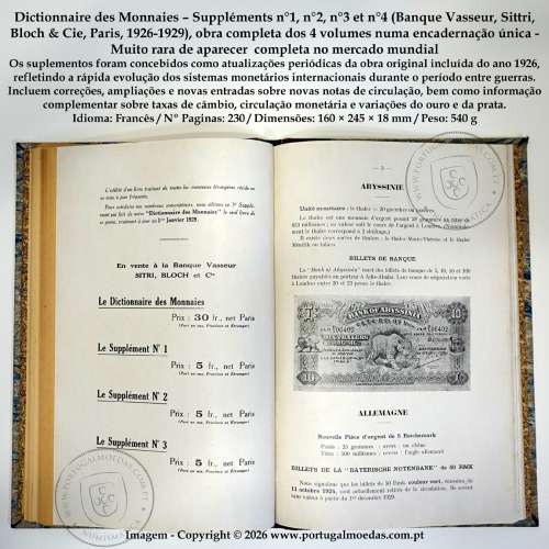Dictionnaire des Monnaies – Obra completa, n°1 a n°4 (Banque Vasseur, Paris, 1926-1929), encadernados, Muito Raro9