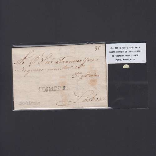 Carta Pré-Filatélica circulada de Coimbra para Lisboa datada de 20-11-1830