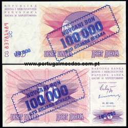 Bosnia and Herzegovina - Banknote 100000 Dinara 1993 on 10 dinara 1992 (Uncirculated) - Pick 34