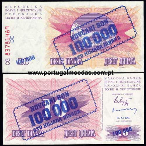 Bosnia and Herzegovina - Banknote 100000 Dinara 1993 on 10 dinara 1992 (Uncirculated) - Pick 34