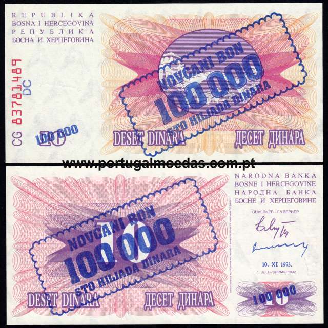 Bosnia and Herzegovina - Banknote 100000 Dinara 1993 on 10 dinara 1992 (Uncirculated) - Pick 34