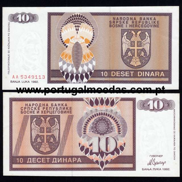 Bosnia and Herzegovina - Nota 10 Dinara 1992 (Não circulada c/ manchas de humidade) - Pick 133