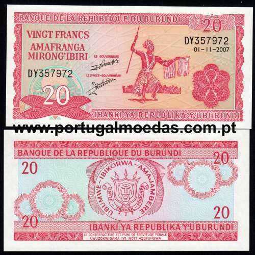 Burundi - Nota de 20 (Vinte) Francs 2007 (Não circulada) - Pick 27