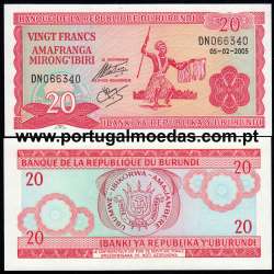 Burundi - Nota de 20 (Vinte) Francs 2005 (Não circulada) - Pick 27d