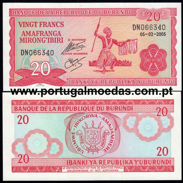 Burundi - Nota de 20 (Vinte) Francs 2005 (Não circulada) - Pick 27d