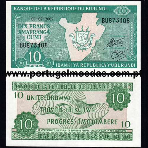 Burundi - Nota de 10 (Dez) Francs 2005 (Não circulada) - Pick 33e