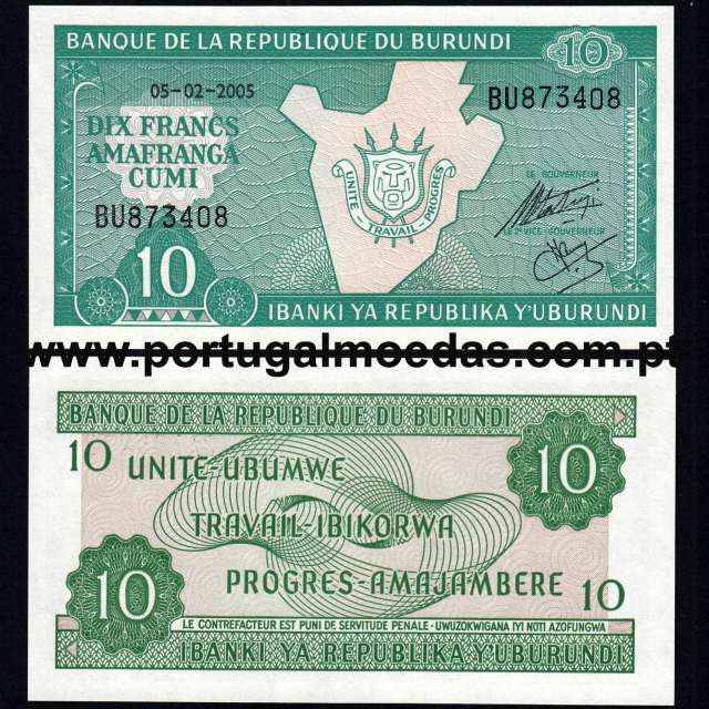 Burundi - Nota de 10 (Dez) Francs 2005 (Não circulada) - Pick 33e