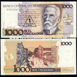 Brazil – 1 Cruzado Novo on 1000 Cruzados Banknote, 1989 (Uncirculated) – Pick 216
