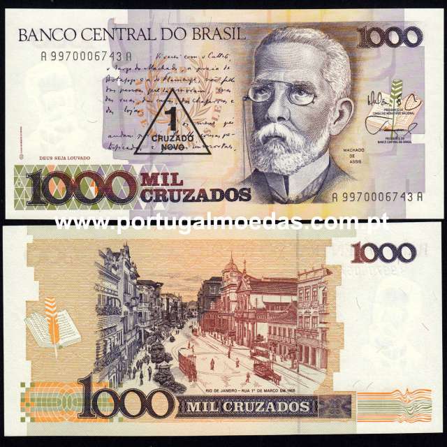 Brazil – 1 Cruzado Novo on 1000 Cruzados Banknote, 1989 (Uncirculated) – Pick 216