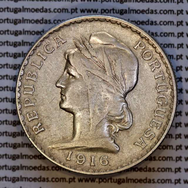 1 Escudo 1916 prata da Republica Portuguesa, (MBC), World Coins Portugal KM 564, Alberto Gomes R.23.02 a