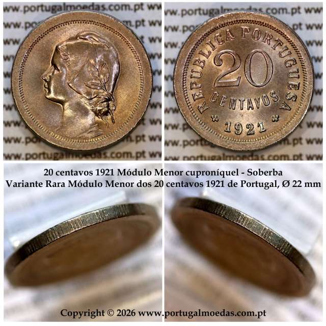 Very rare variant coin module smaller, of 20 cents 1921 Copper-nickel from Portugal, Ø 22 mm, (UNC)