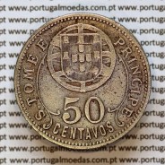 Nickel brass coin, 50 centavos 1929 of Saint Thomas & Prince, former Portuguese colony, (VF-), World Coins KM 1 b