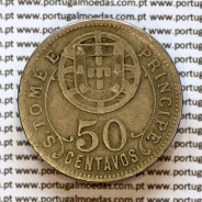Nickel brass coin, 50 centavos 1929 of Saint Thomas & Prince, former Portuguese colony, (VF), World Coins KM 1 f