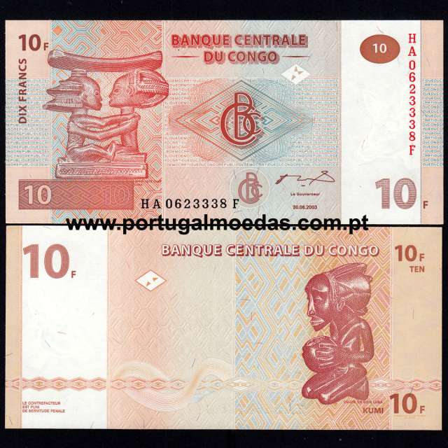 Congo - Nota de 10 Francs 2003 (Não circulada) - Pick 93