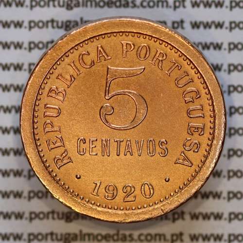 Portugal, bronze coin of 5 centavos 1920 - Portuguese Republic, (VF+AU), World Coins Portugal KM 569 a