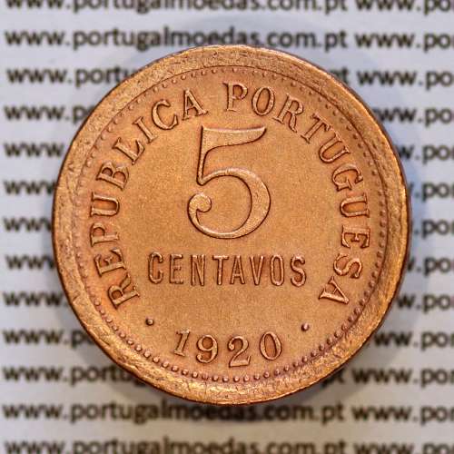 Portugal, bronze coin of 5 centavos 1920 of Portuguese Republic, (AU), World Coins Portugal KM 569 a