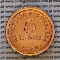 Portugal, bronze coin of 5 centavos 1920 - Portuguese Republic, (VF+/XF), World Coins Portugal KM 569, A. Gomes R.05.01.