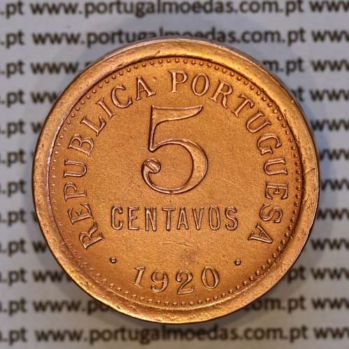 Portugal, bronze coin of 5 centavos 1920 - Portuguese Republic, (VF+/XF), World Coins Portugal KM 569, A. Gomes R.05.01.