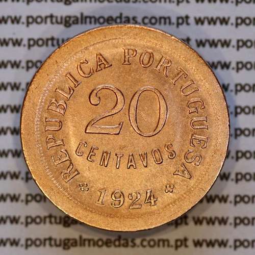 Portugal, bronze coin of 20 Centavos 1924 of Portuguese Republic, (AU/UNC), World Coins Portugal KM 574 b