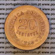 Portugal, bronze coin of 20 Centavos 1924 of Portuguese Republic, (AU/UNC), World Coins Portugal KM 574 b