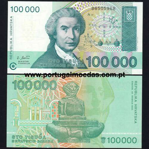 Croácia - Nota de 100000 Dinara 1993 (Não Circulada) - Pick 27