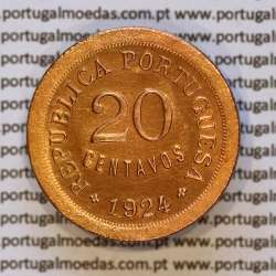 20 Centavos 1924 Bronze da Republica Portuguesa, (Bela), World Coins Portugal KM 574, Alberto Gomes R.15.01.b