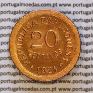 Portugal, bronze coin of 20 Centavos 1924 of Portuguese Republic, (AU), World Coins Portugal KM 574, Alberto Gomes R.15.01b
