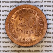 Portugal coin of, 20 Centavos 1925 Bronze of Portuguese Republic, (UNC), World Coins Portugal KM 574 b