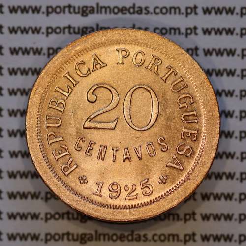 Portugal coin of, 20 Centavos 1925 Bronze of Portuguese Republic, (UNC), World Coins Portugal KM 574, Alberto Gomes R.15.02.b