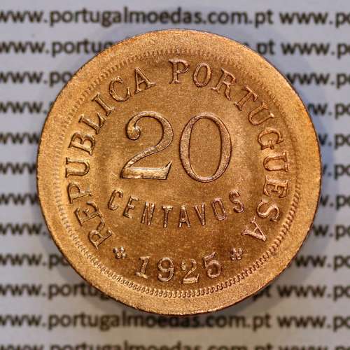 Portugal coin of, 20 Centavos 1925 Bronze of Portuguese Republic, (UNC), World Coins Portugal KM 574, Alberto Gomes R.15.02.d