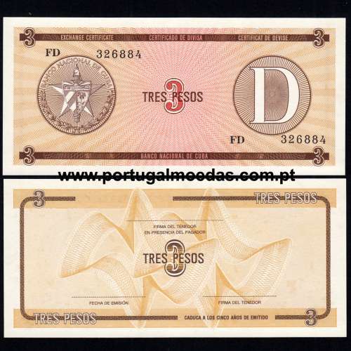 Cuba - Nota de 3 (Tres) Pesos 1985 (Não circulada c/ Manchas de Humidade) - Pick FX33
