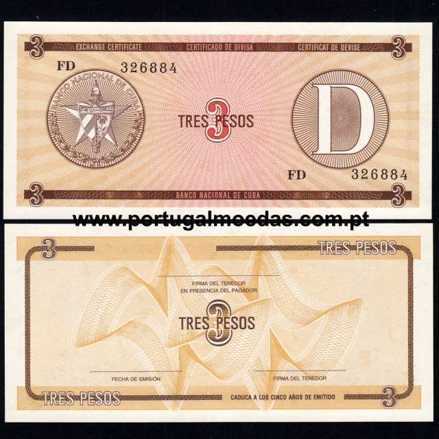 Cuba - Nota de 3 (Tres) Pesos 1985 (Não circulada c/ Manchas de Humidade) - Pick FX33