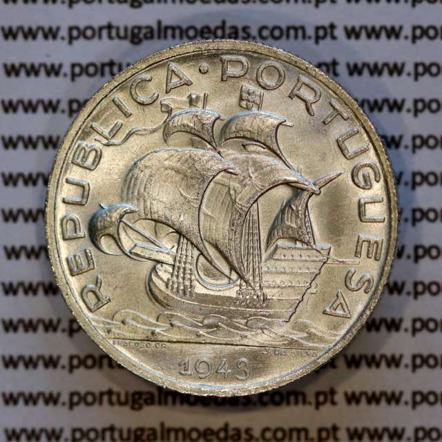 Portugal, silver coin of 5 Escudos 1943 or 5$00 1943 silver of Portuguese Republic, (UNC), World Coins Portugal KM 581