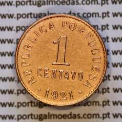 1 centavo 1921 Bronze da República Portuguesa, (MBC+/BELA), World Coins Portugal KM 565 c