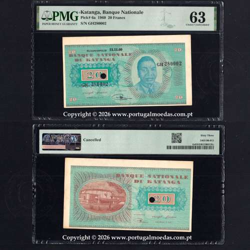 Katanga, 20 Francos 1960 Banco Nacional do Katanga, S/N GH280002 - Cancelled, Pick. 6a. certificada PMG 63 Choice Uncirculated