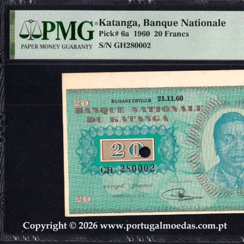Katanga, 20 Francos 1960 Banco Nacional do Katanga, Pick. 6a. certificada PMG Choice Uncirculated 63 01a
