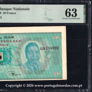 Katanga, 20 Francos 1960 Banco Nacional do Katanga, Pick. 6a. certificada PMG Choice Uncirculated 63 02b
