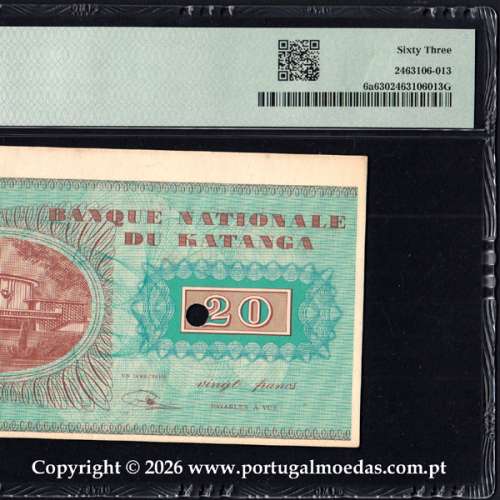 Katanga — 20 Francs 1960, National Bank of Katanga,  Pick 6a, PMG 63 d4
