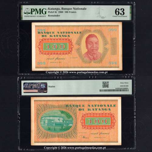 Katanga, 100 Francos 1960 do Banco Nacional do Katanga — (Remainder) Pick. 8r. certificada PMG Choice Uncirculated 63