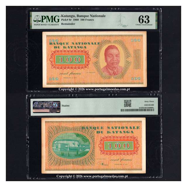 Katanga, 100 Francos 1960 do Banco Nacional do Katanga — (Remainder) Pick. 8r. certificada PMG Choice Uncirculated 63