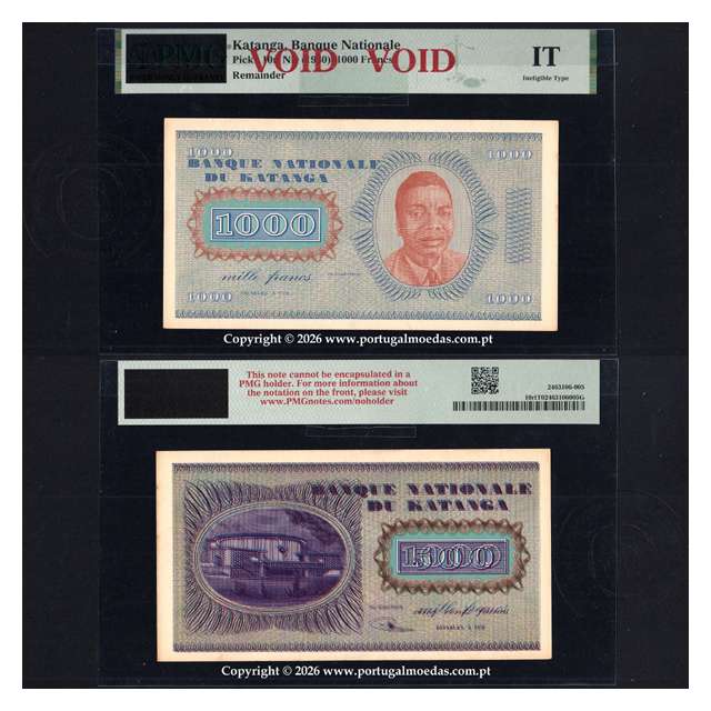 Katanga, 1000 Francos 1960-Pick10r, c\ Sobrecarga do Reverso de 500 Francos-Pick 9r, PMG Ineligible Type - Remainder