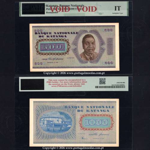 Katanga, 1000 Francos 1960-Pick10r, c\ Sobrecarga do Anverso de 500 Francos-Pick 9r, PMG Ineligible Type, Remainder