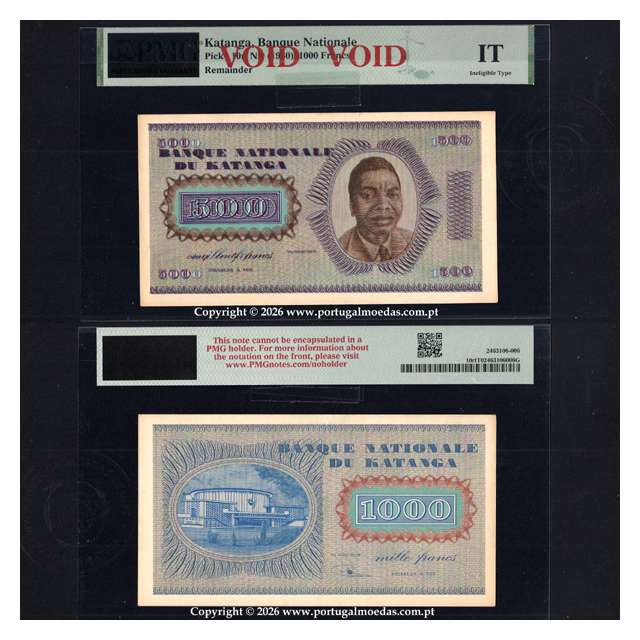 Katanga, 1000 Francs 1960 Pick.10r, with 500 Francs obverse Overprint-Pick.9r, PMG Ineligible Type, Remainder