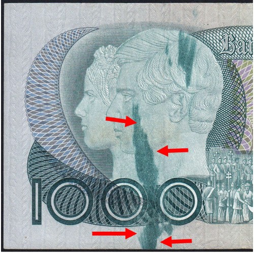 Erro de Impressão - Nota de 1000 Escudos 1982 D. Pedro V, 1000$00 26/10/1982 Chapa: 11 - Banco de Portugal (Circulada), Pick 175