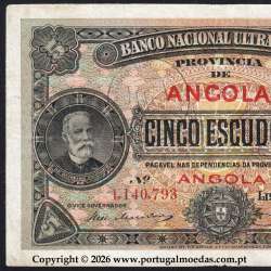 Angola, 5 Escudos 1921, 1 de janeiro 1921, Francisco de Oliveira Chamiço, Banco Nacional Ultramarino 01a
