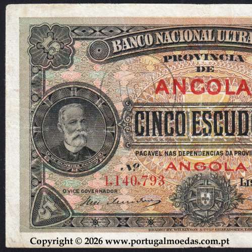 Angola, 5 Escudos 1921, 1 de janeiro 1921, Francisco de Oliveira Chamiço, Banco Nacional Ultramarino 01a